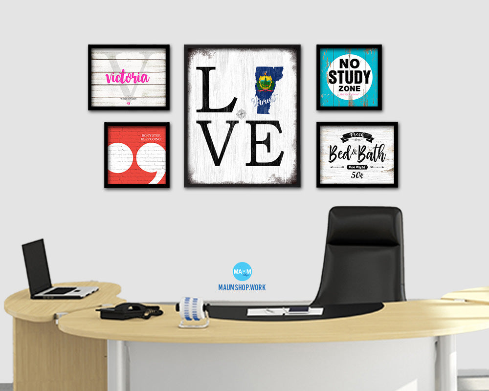 Vermont Shabby Chic Love Sign Wood Framed Paper Print Decor Wall Art Gifts