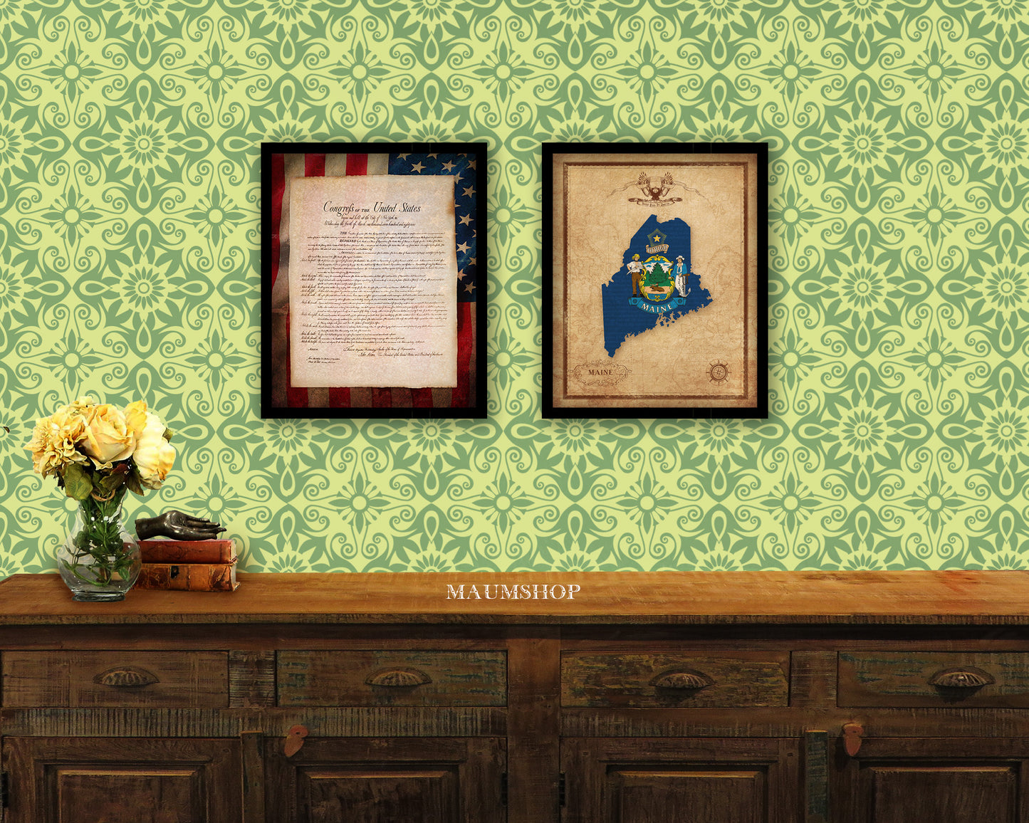 Maine State Vintage Map Wood Framed Paper Print Wall Art Decor Gifts