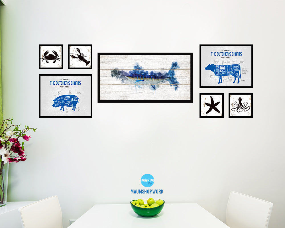 Blue Marlin Fish Art Wood Framed White Wash Restaurant Sushi Wall Decor Gifts, 10" x 20"
