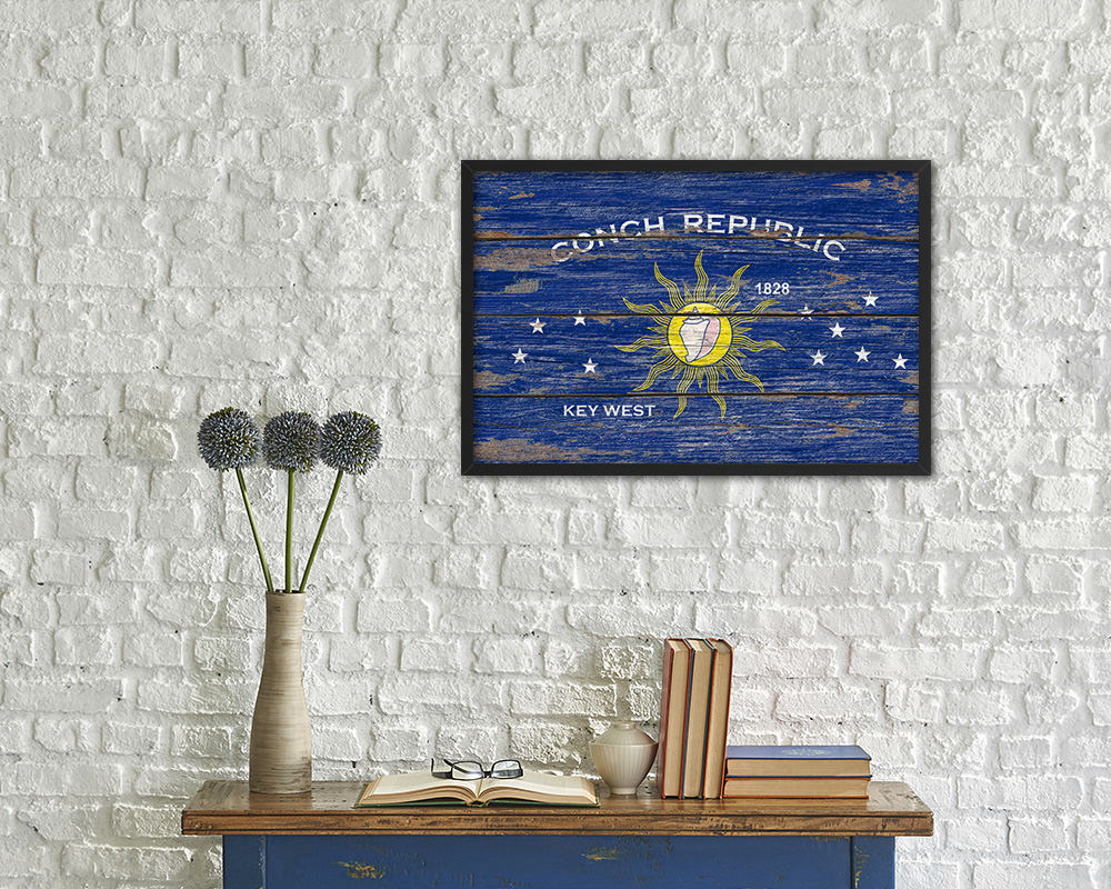 Conch Republic Key West City Florida State Rustic Flag Wood Framed Paper Prints Decor Wall Art Gifts