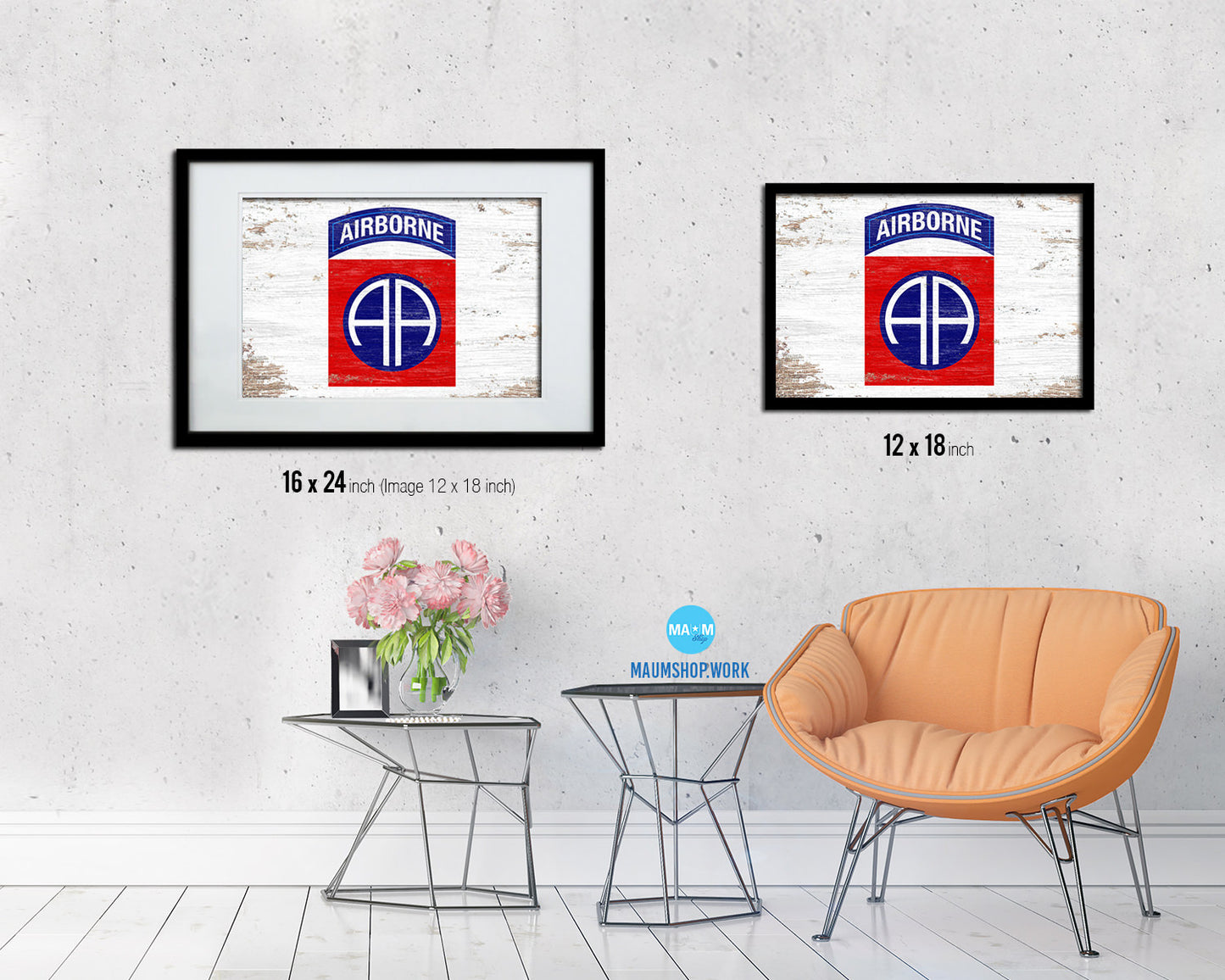 US Army 82nd Airborne Shabby Chic Military Flag Framed Print Decor Wall Art Gifts