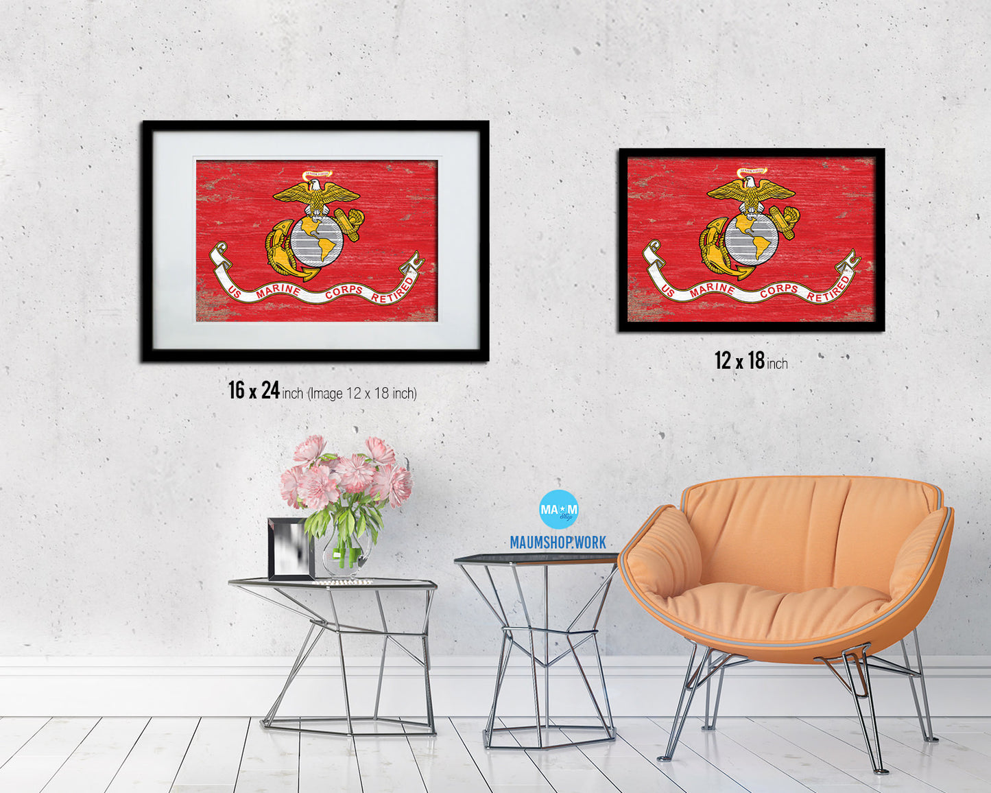 US Marine Corps Retired Shabby Chic Military Flag Framed Print Decor Wall Art Gifts