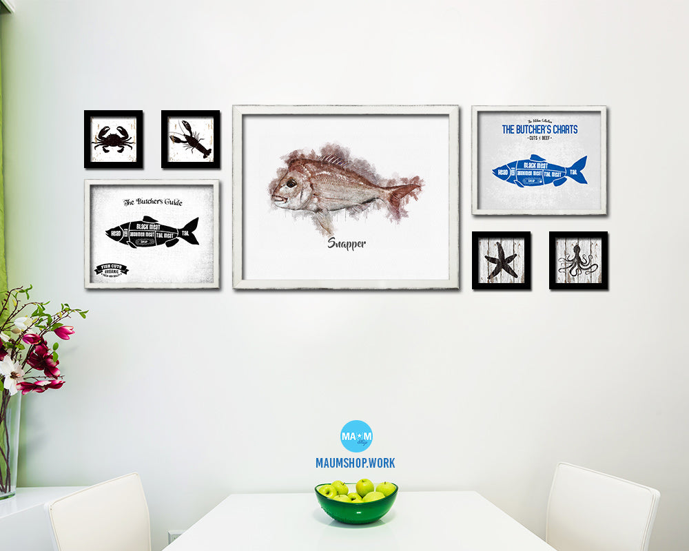Snapper Fish Framed Prints Modern Restaurant Sushi Bar Watercolor Wall Art Decor