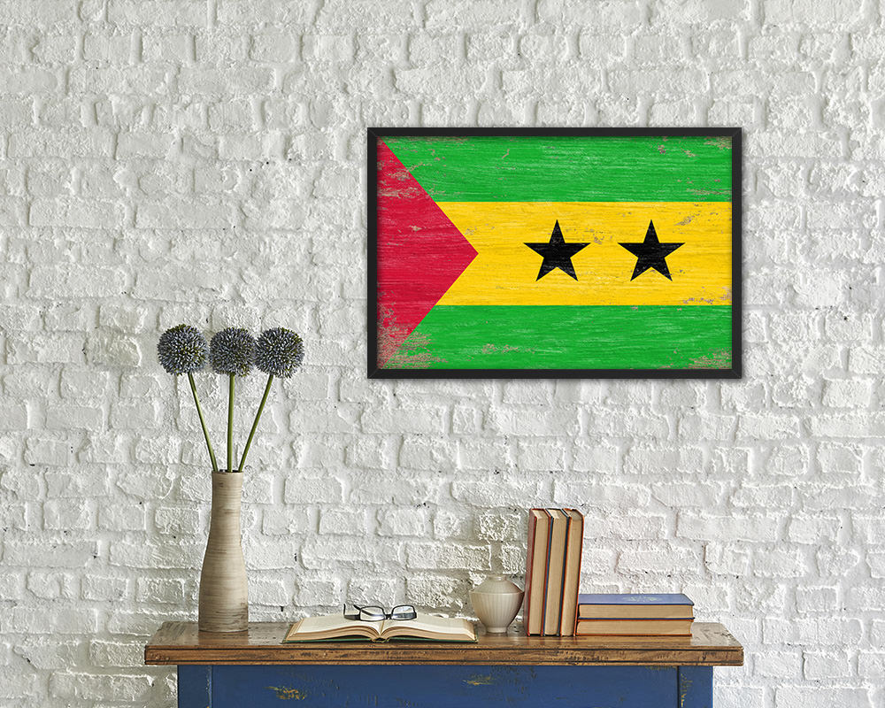 Sao Tome & Principe Shabby Chic Country Flag Wood Framed Print Wall Art Decor Gifts