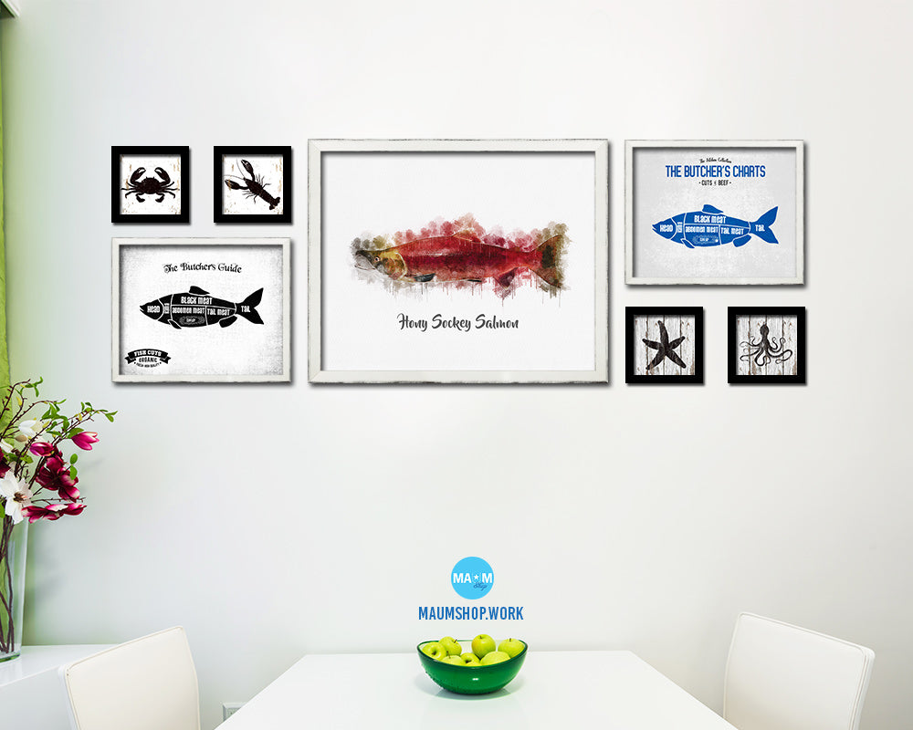 Hony Sockey Salmon Fish Framed Prints Modern Restaurant Sushi Bar Watercolor Wall Art Decor
