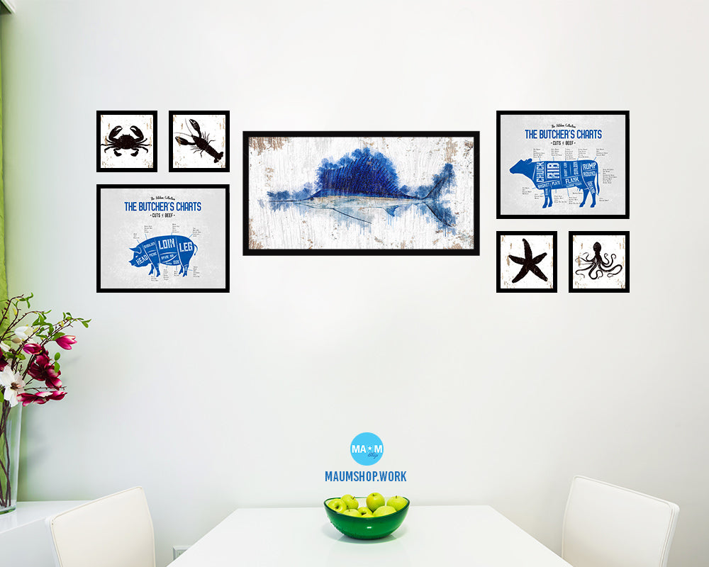 Sailfish Fish Art Wood Frame Shabby Chic Restaurant Sushi Wall Decor Gifts, 10" x 20"
