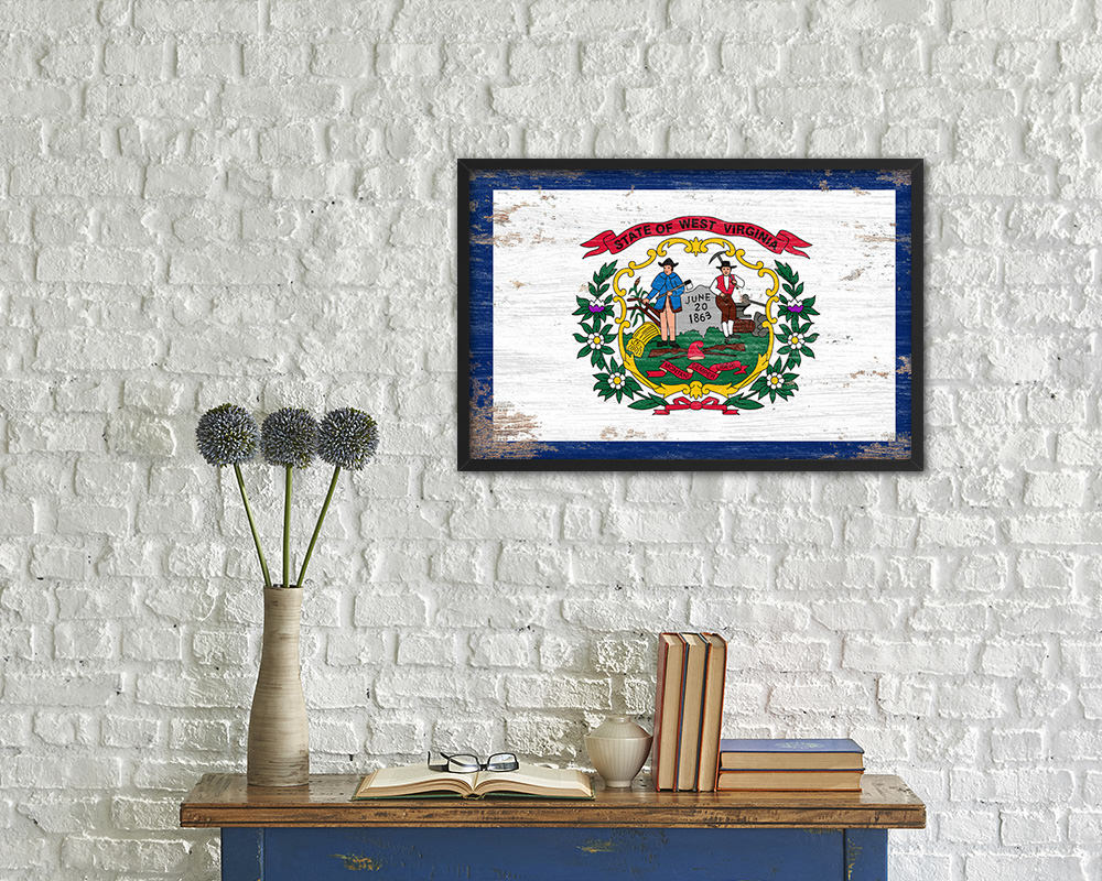 West Virginia State Shabby Chic Flag Wood Framed Paper Print Wall Art Decor Gifts