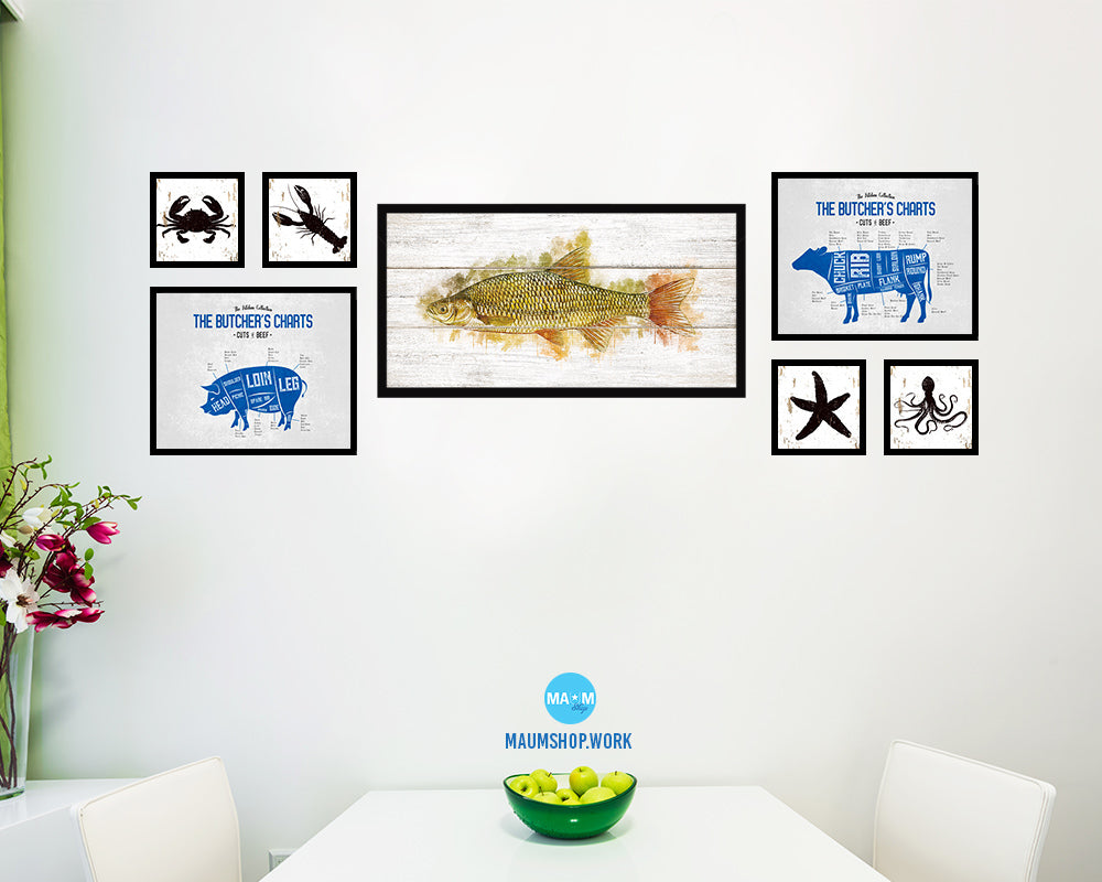 Golden Shiner Fish Art Wood Framed White Wash Restaurant Sushi Wall Decor Gifts, 10" x 20"