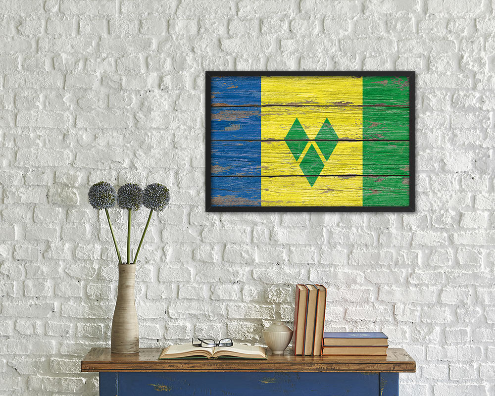 Saint Vincent & the Grenadines Country Wood Rustic National Flag Wood Framed Print Wall Art Decor Gifts