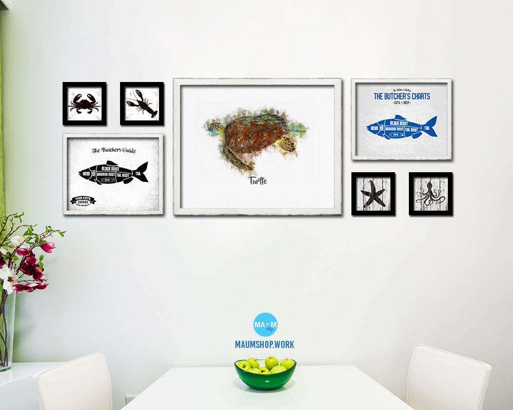 Turtle Fish Framed Prints Modern Restaurant Sushi Bar Watercolor Wall Art Decor