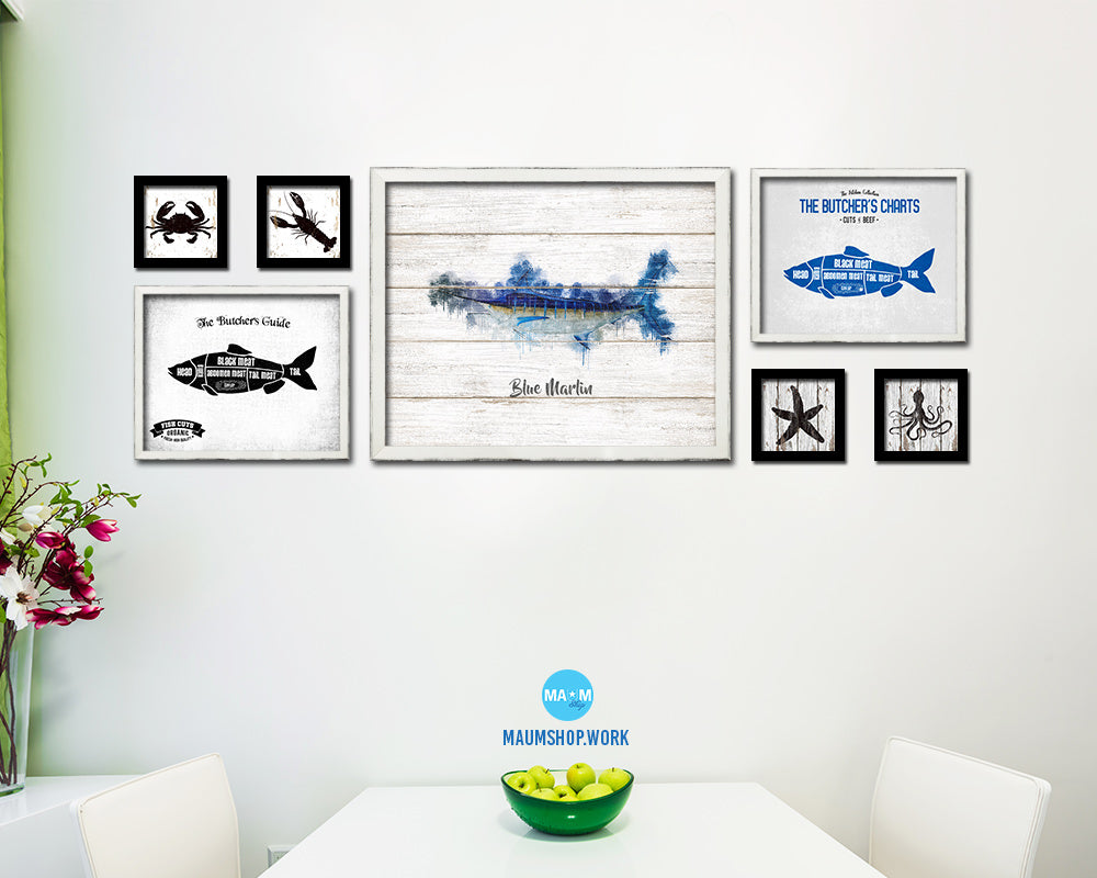 Blue Marlin Fish Framed Prints Modern Restaurant Sushi Bar Watercolor Wall Art Decor