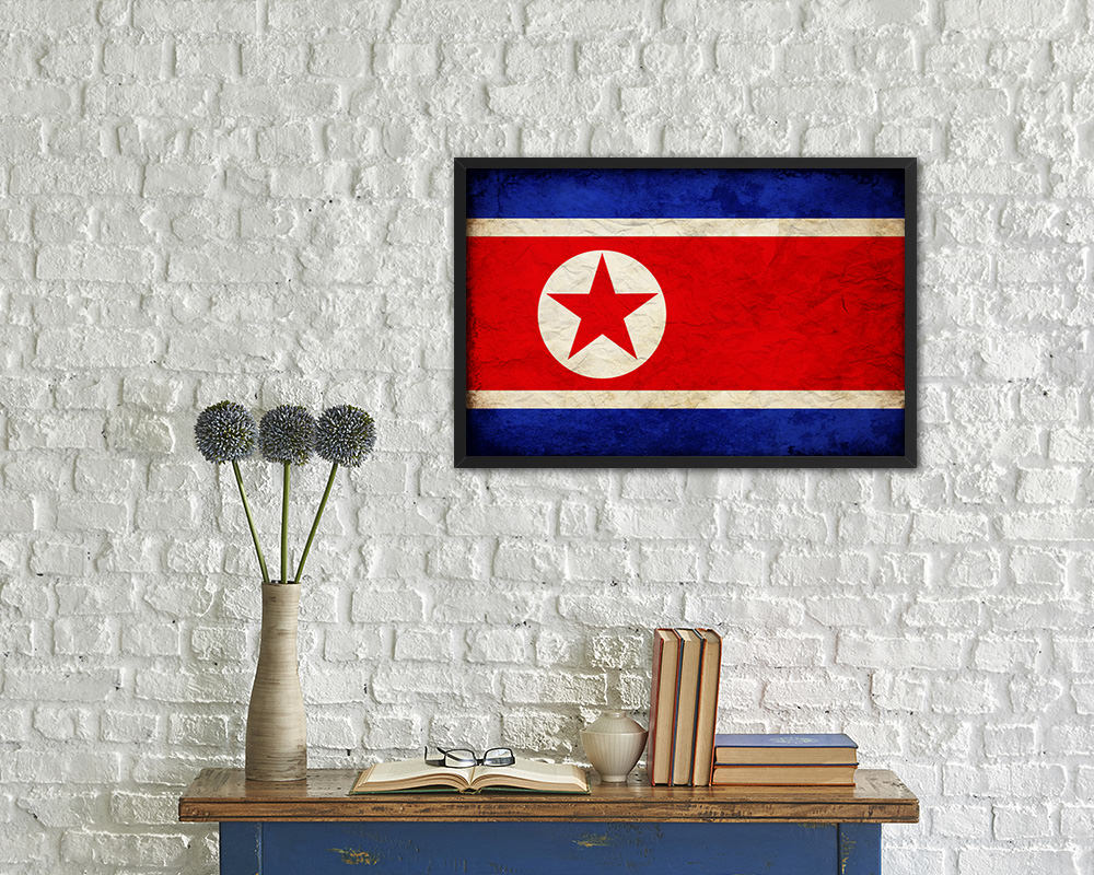 North Korea Country Vintage Flag Wood Framed Print Wall Art Decor Gifts