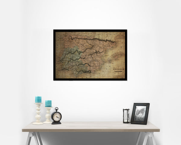 Spain and Portugal Vintage Map Framed Print Art Wall Decor Gifts