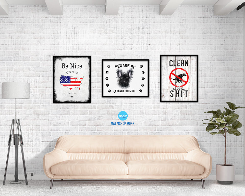 Beware of English Bulldog Sign Wood Framed Print Wall Art Decor Gifts