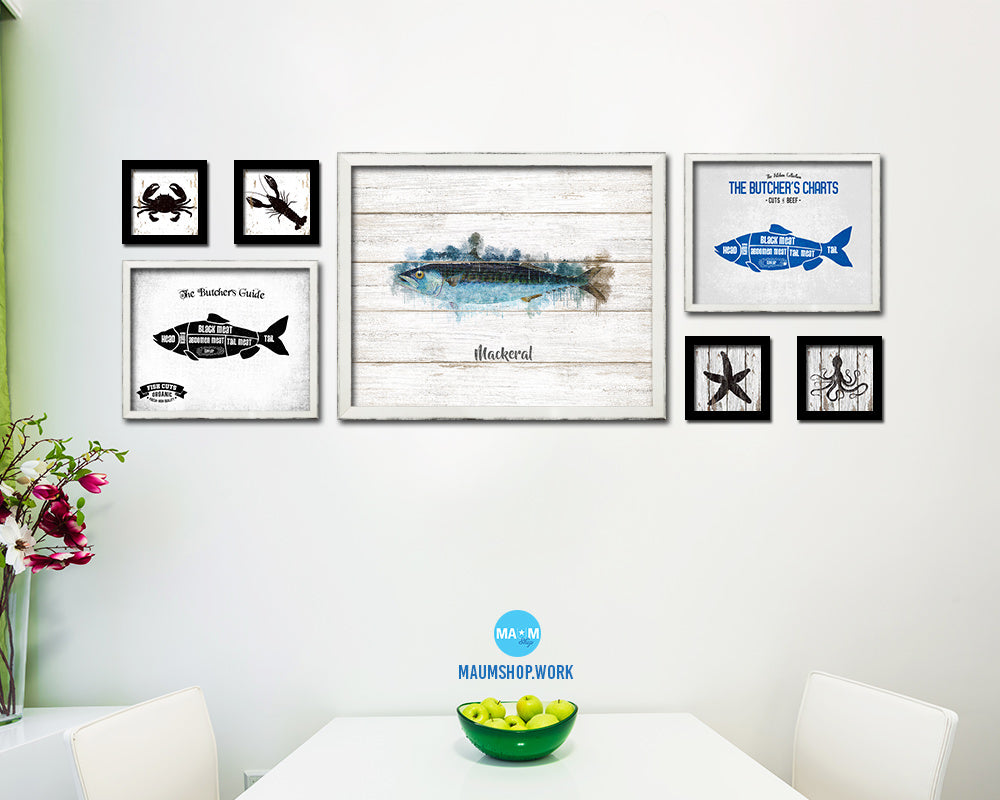 Mackeral Fish Framed Prints Modern Restaurant Sushi Bar Watercolor Wall Art Decor