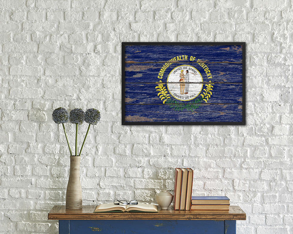 Kentucky State Rustic Flag Wood Framed Paper Prints Wall Art Decor Gifts