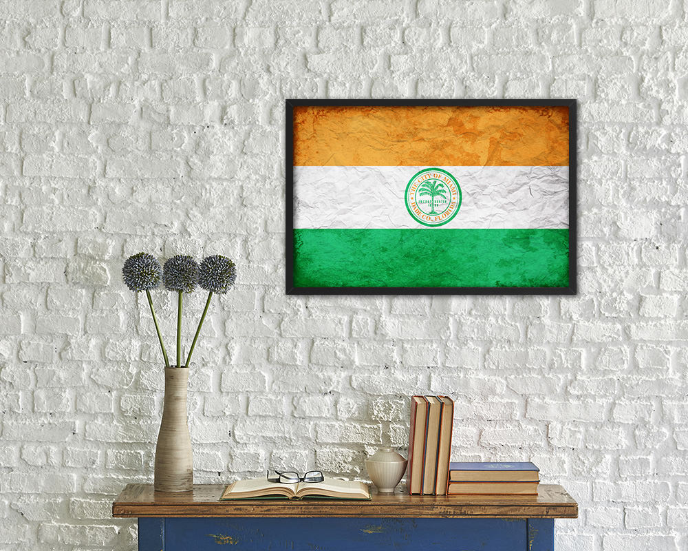 Miami City Florida State Vintage Flag Wood Framed Prints Decor Wall Art Gifts