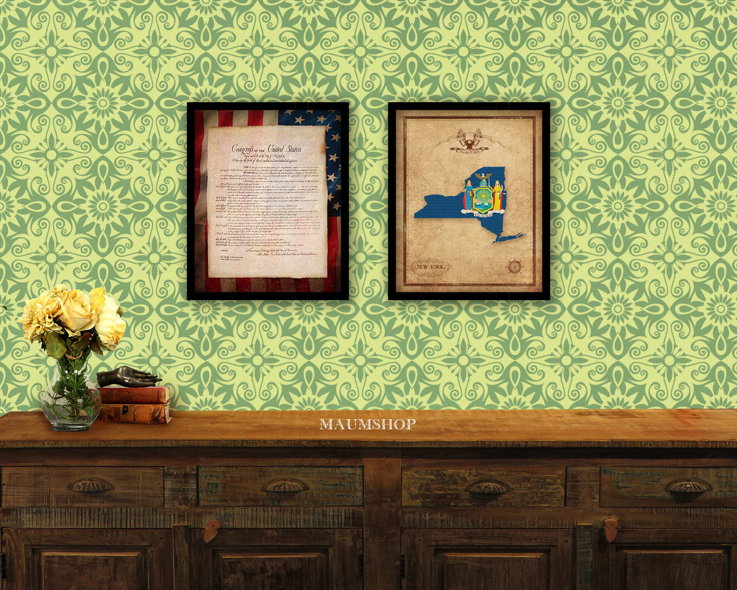 New York State Vintage Map Wood Framed Paper Print Wall Art Decor Gifts