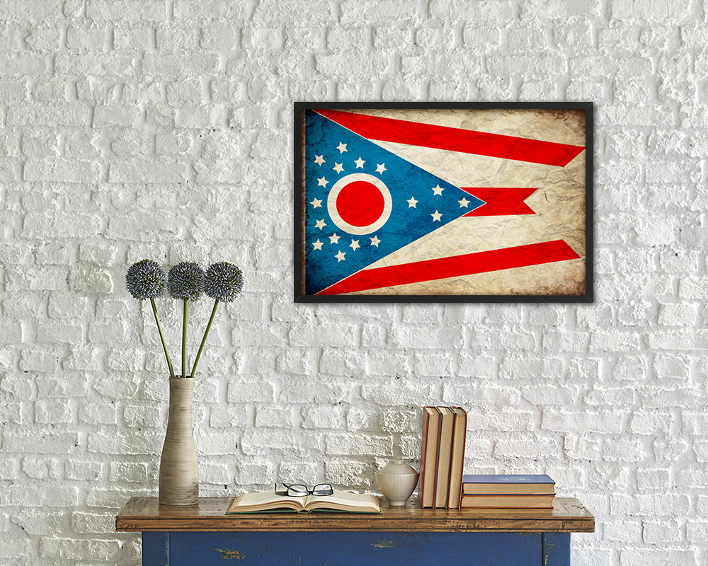 Ohio State Vintage Flag Wood Framed Paper Print Wall Art Decor Gifts
