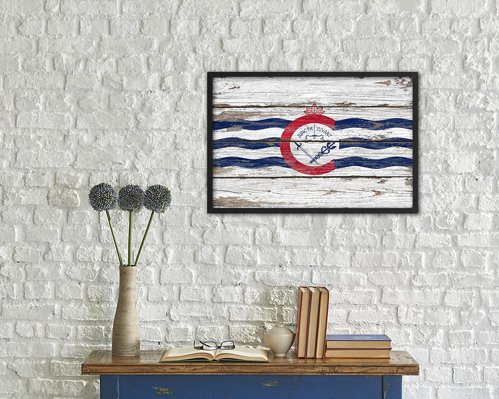 Cincinnati City Ohio State Rustic Flag Wood Framed Paper Prints Decor Wall Art Gifts