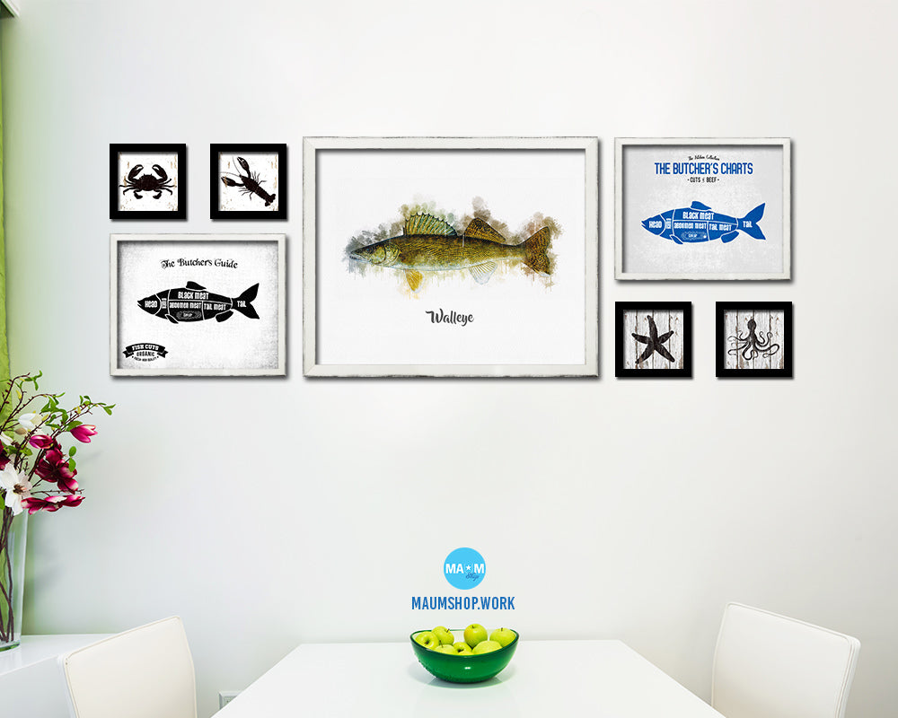 Walleye Fish Framed Prints Modern Restaurant Sushi Bar Watercolor Wall Art Decor