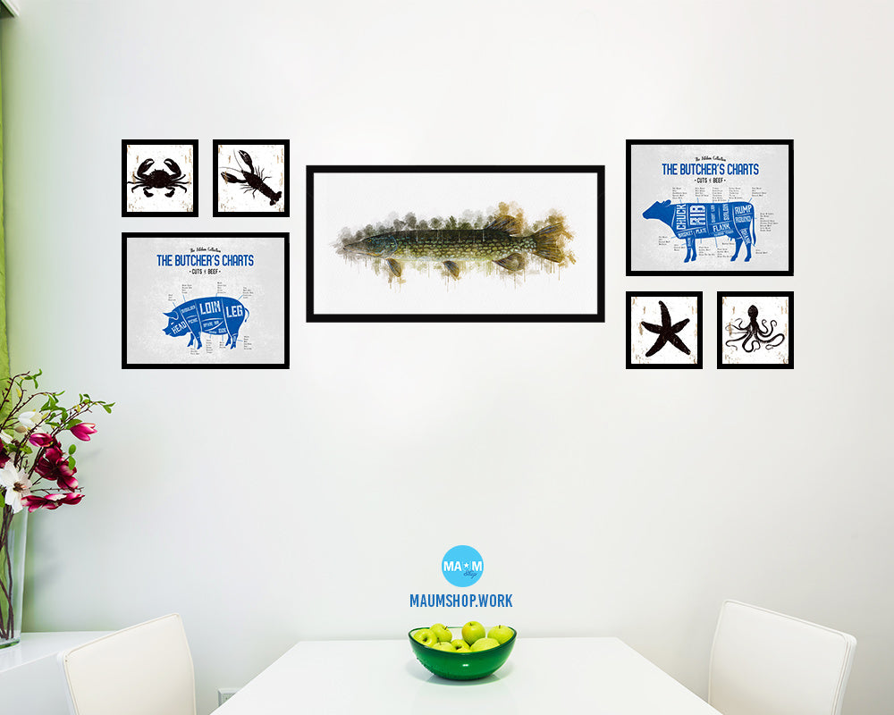 Pike Fish Art Wood Frame Modern Restaurant Sushi Wall Decor Gifts, 10" x 20"