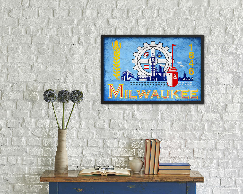 Milwaukee City Wisconsin State Vintage Flag Wood Framed Prints Decor Wall Art Gifts