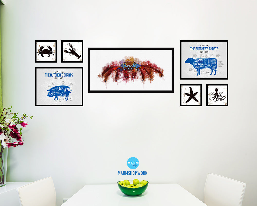 Crab Fish Art Wood Frame Modern Restaurant Sushi Wall Decor Gifts, 10" x 20"