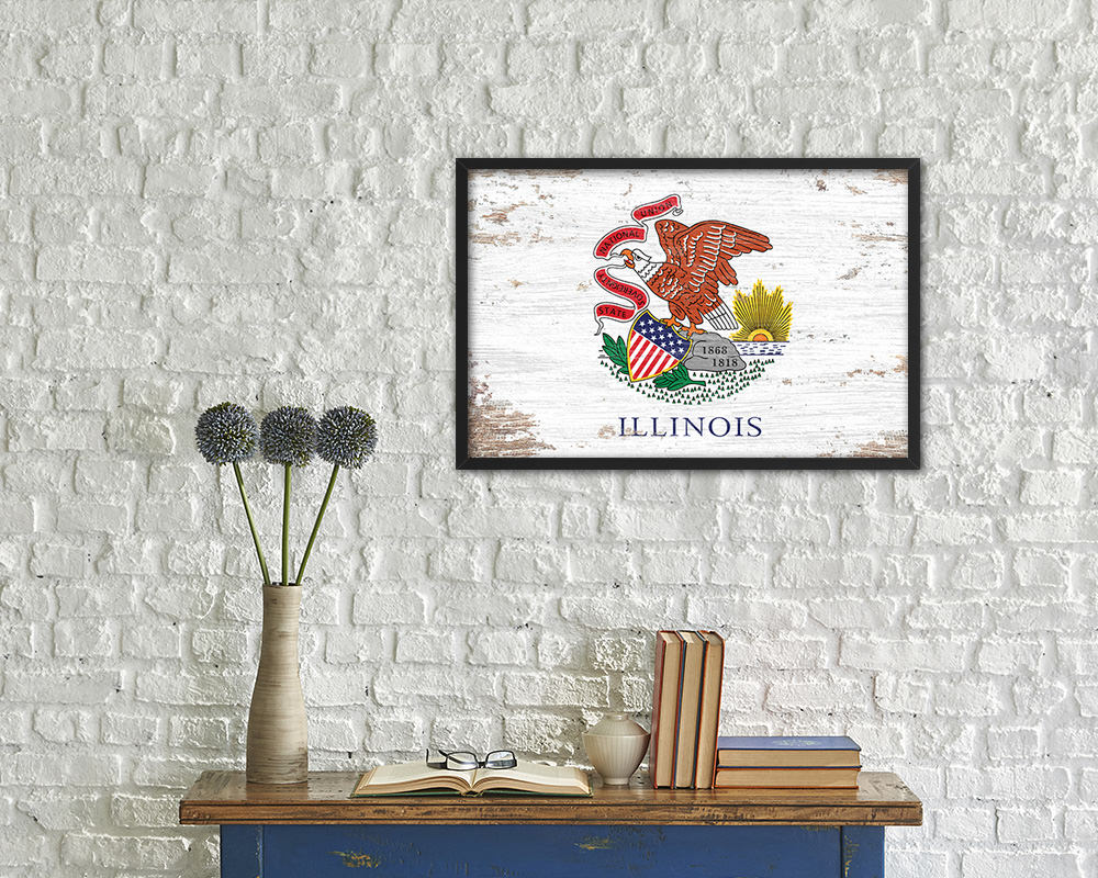Illinois State Shabby Chic Flag Wood Framed Paper Print Wall Art Decor Gifts