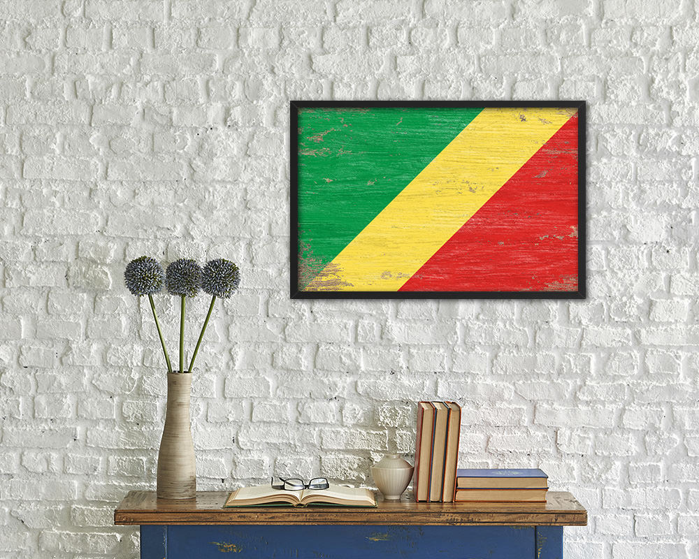 Congo Republic Shabby Chic Country Flag Wood Framed Print Wall Art Decor Gifts