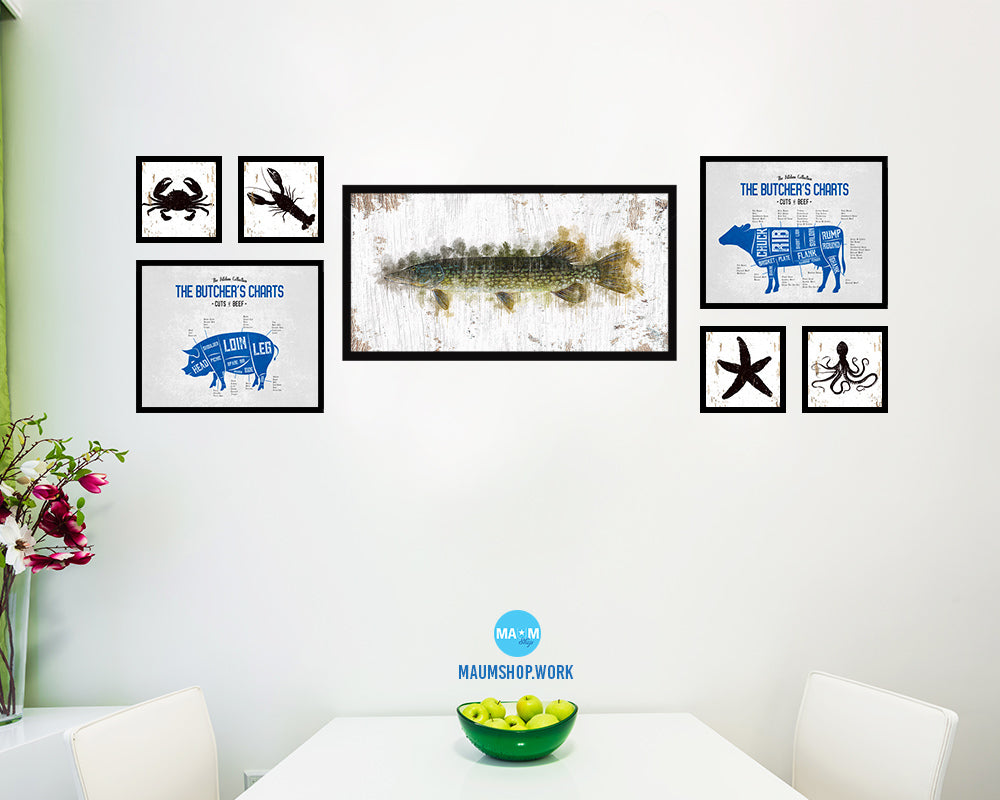 Pike Fish Art Wood Frame Shabby Chic Restaurant Sushi Wall Decor Gifts, 10" x 20"