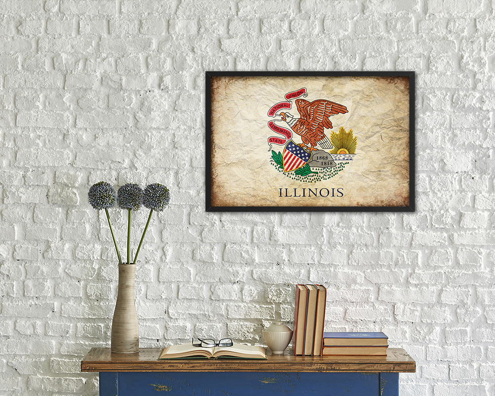 Illinois State Vintage Flag Wood Framed Paper Print Wall Art Decor Gifts