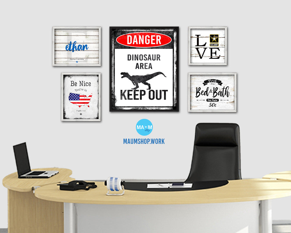 Dinosaur area keep out Notice Danger Sign Framed Print Home Decor Wall Art Gifts