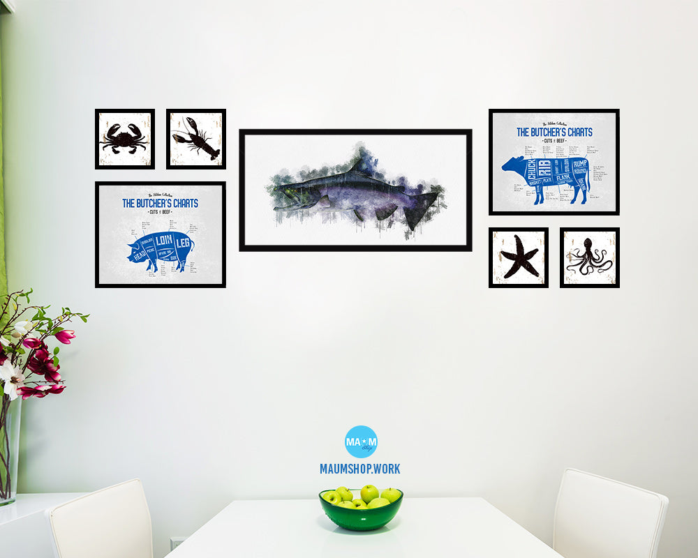 King Salmon Fish Art Wood Frame Modern Restaurant Sushi Wall Decor Gifts, 10" x 20"