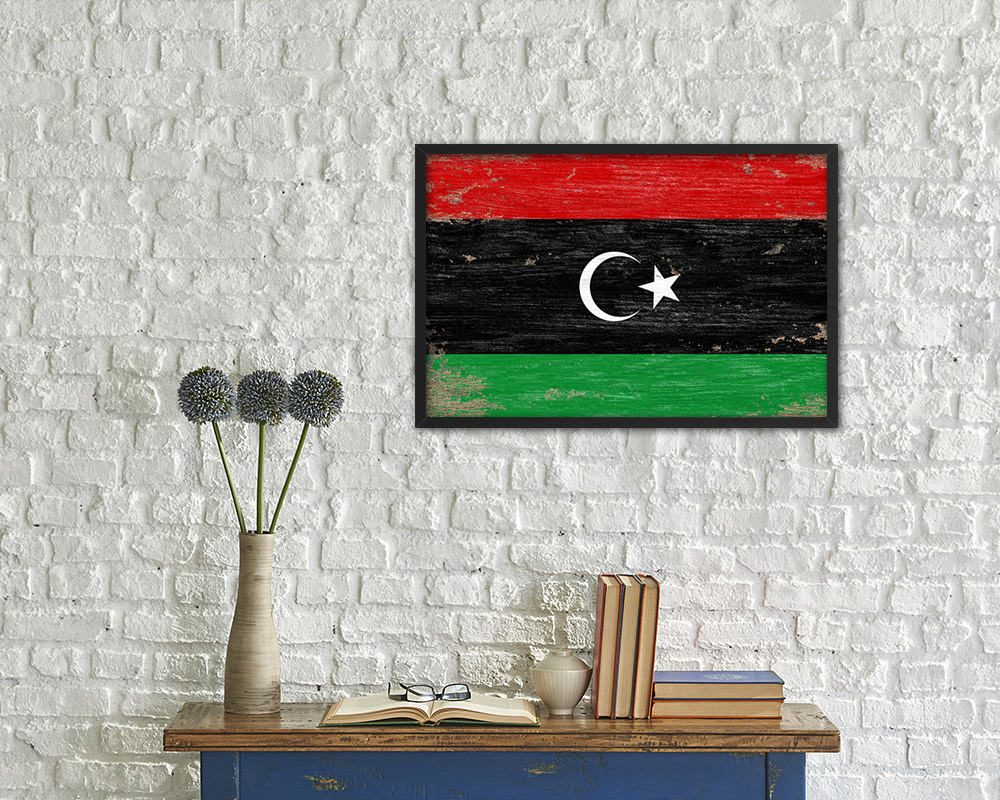 Libya Shabby Chic Country Flag Wood Framed Print Wall Art Decor Gifts