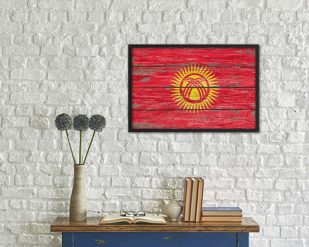 Kyrgyzstan Country Wood Rustic National Flag Wood Framed Print Wall Art Decor Gifts