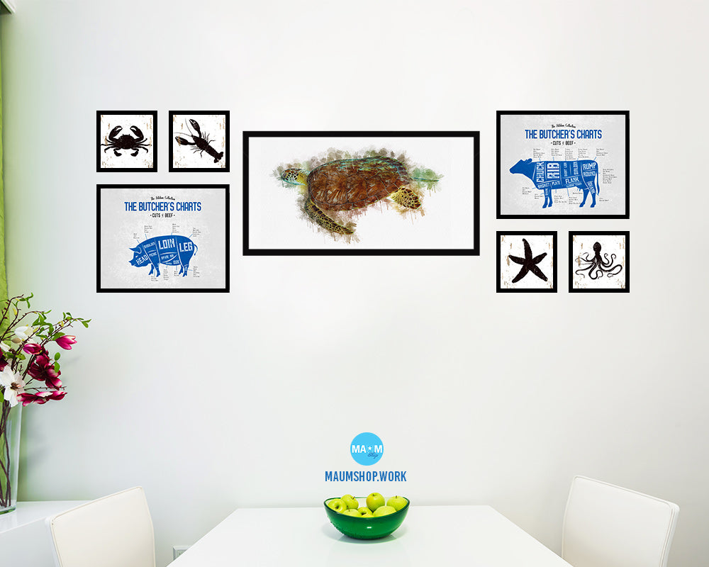 Turtle Fish Art Wood Frame Modern Restaurant Sushi Wall Decor Gifts, 10" x 20"