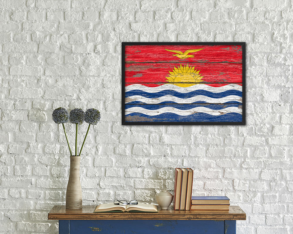 Kiribati Country Wood Rustic National Flag Wood Framed Print Wall Art Decor Gifts