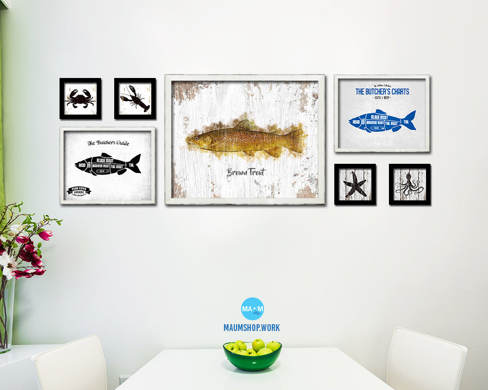 Brown Trout Fish Framed Prints Modern Restaurant Sushi Bar Watercolor Wall Art Decor