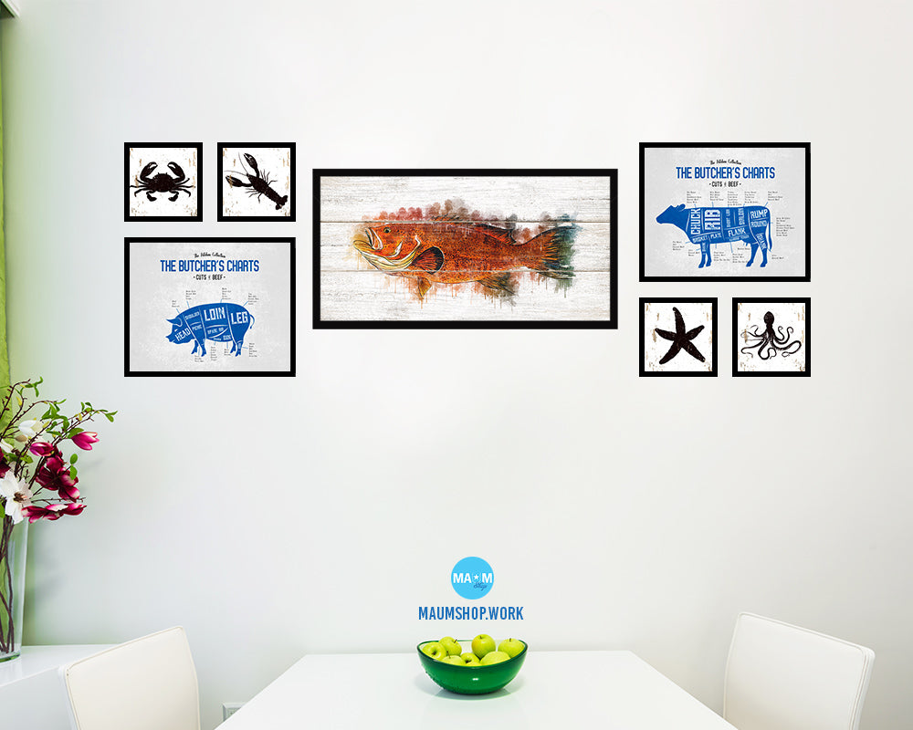 Red Grouper Fish Art Wood Framed White Wash Restaurant Sushi Wall Decor Gifts, 10" x 20"