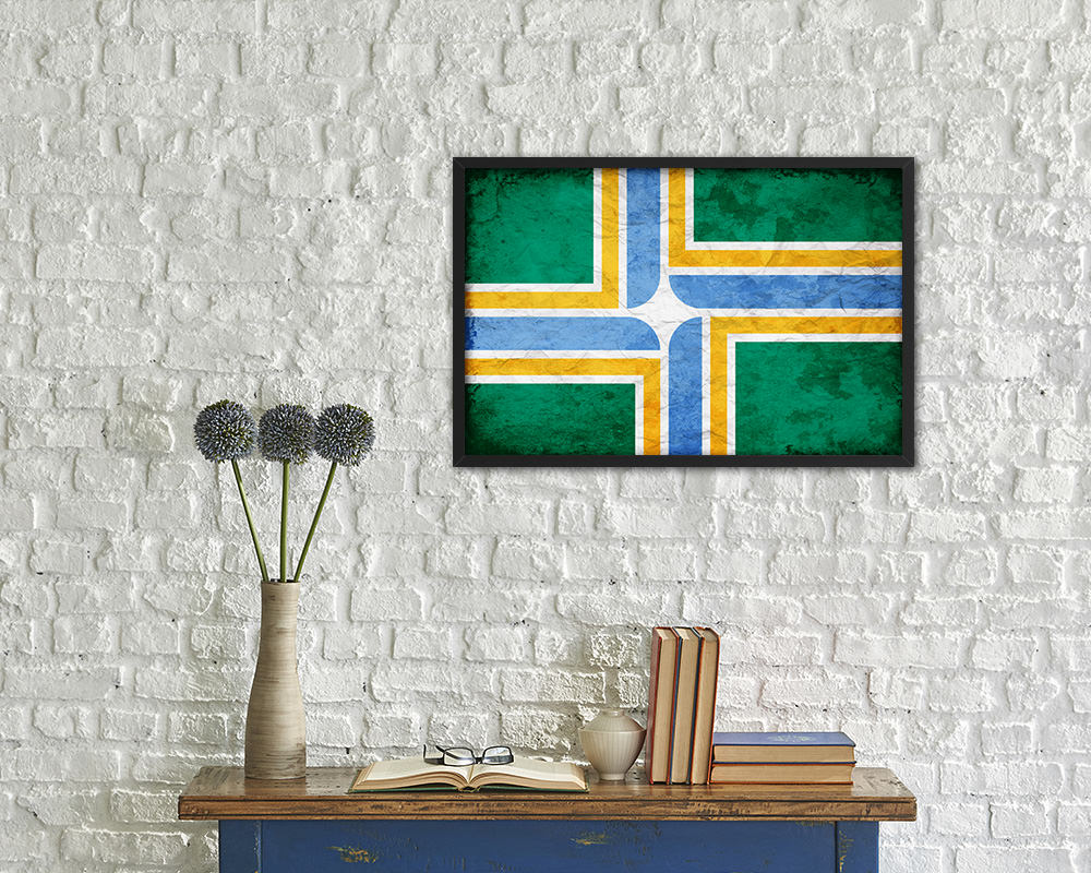 Portland City Oregon State Vintage Flag Wood Framed Prints Decor Wall Art Gifts