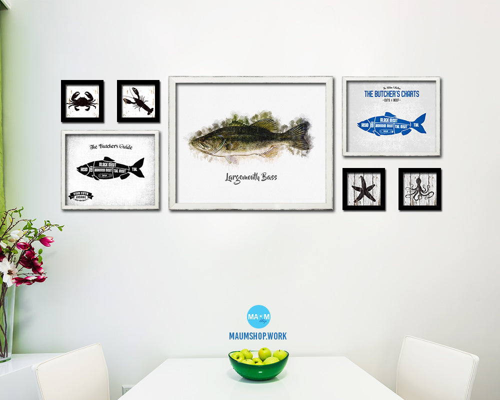 Largemouth Bass Fish Framed Prints Modern Restaurant Sushi Bar Watercolor Wall Art Decor