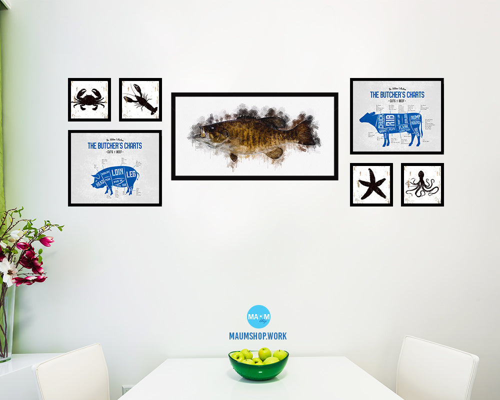 Smallmouth Bass Fish Art Wood Frame Modern Restaurant Sushi Wall Decor Gifts, 10" x 20"