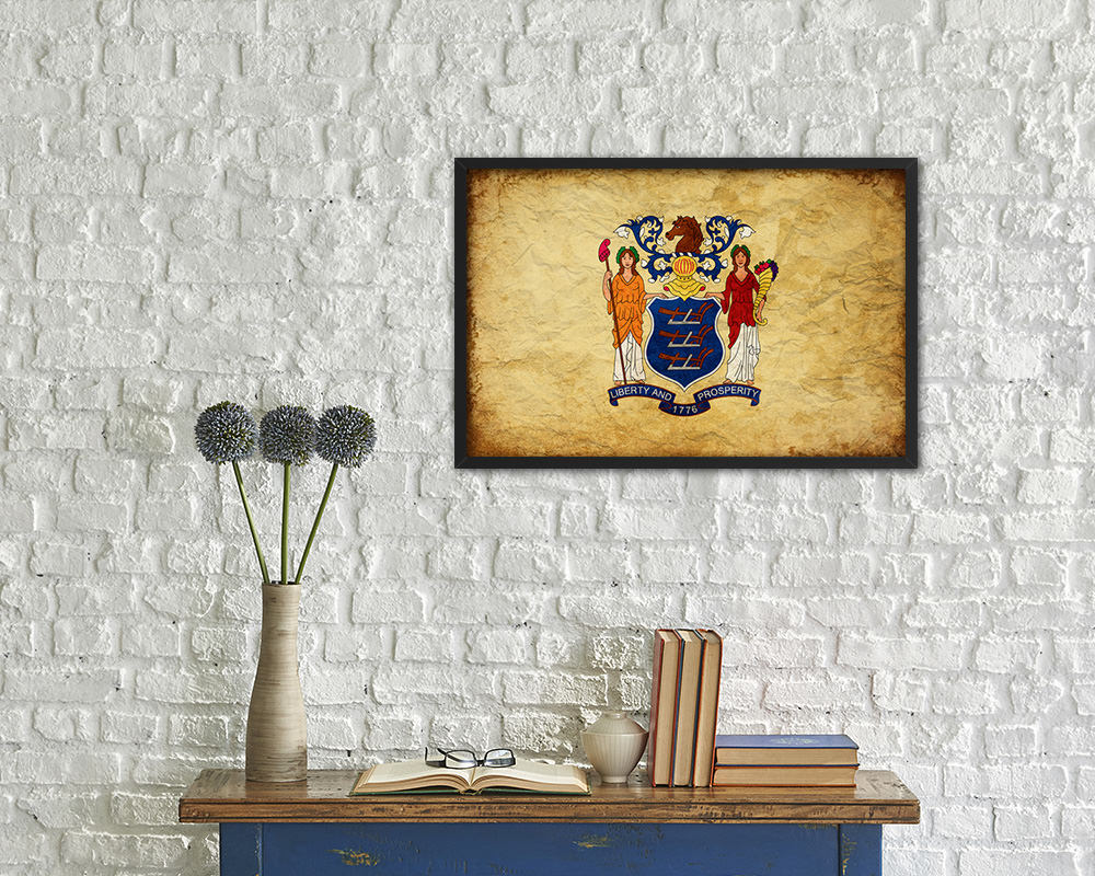 New Jersey State Vintage Flag Wood Framed Paper Print Wall Art Decor Gifts