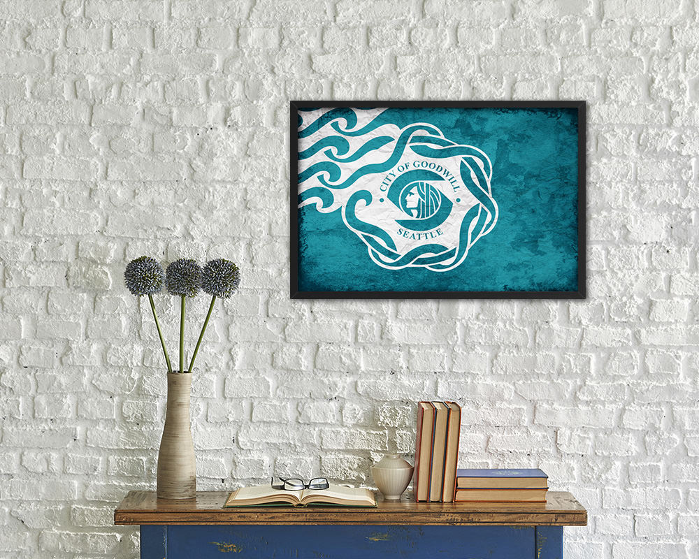 Seattle City Washington State Vintage Flag Wood Framed Prints Decor Wall Art Gifts