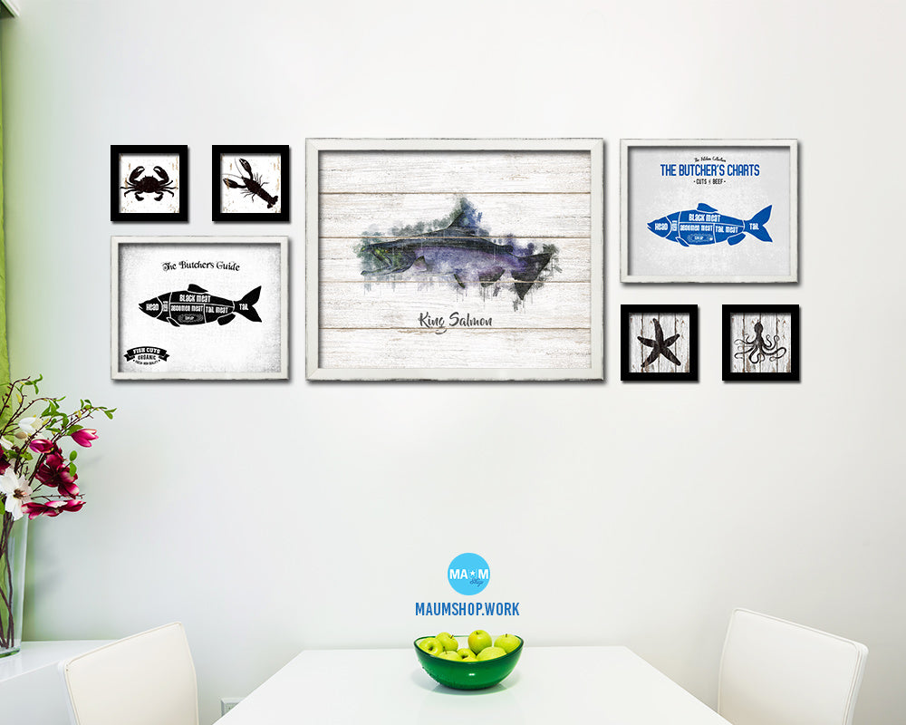 King Salmon Fish Framed Prints Modern Restaurant Sushi Bar Watercolor Wall Art Decor