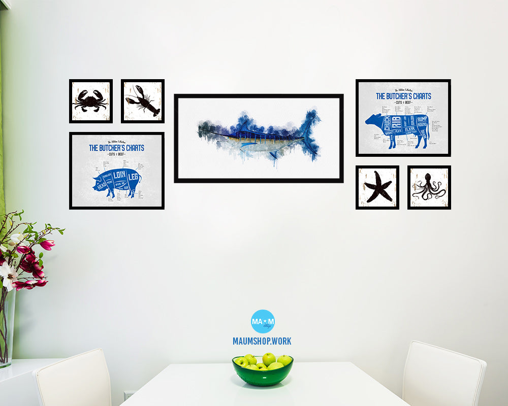 Blue Marlin Fish Art Wood Frame Modern Restaurant Sushi Wall Decor Gifts, 10" x 20"