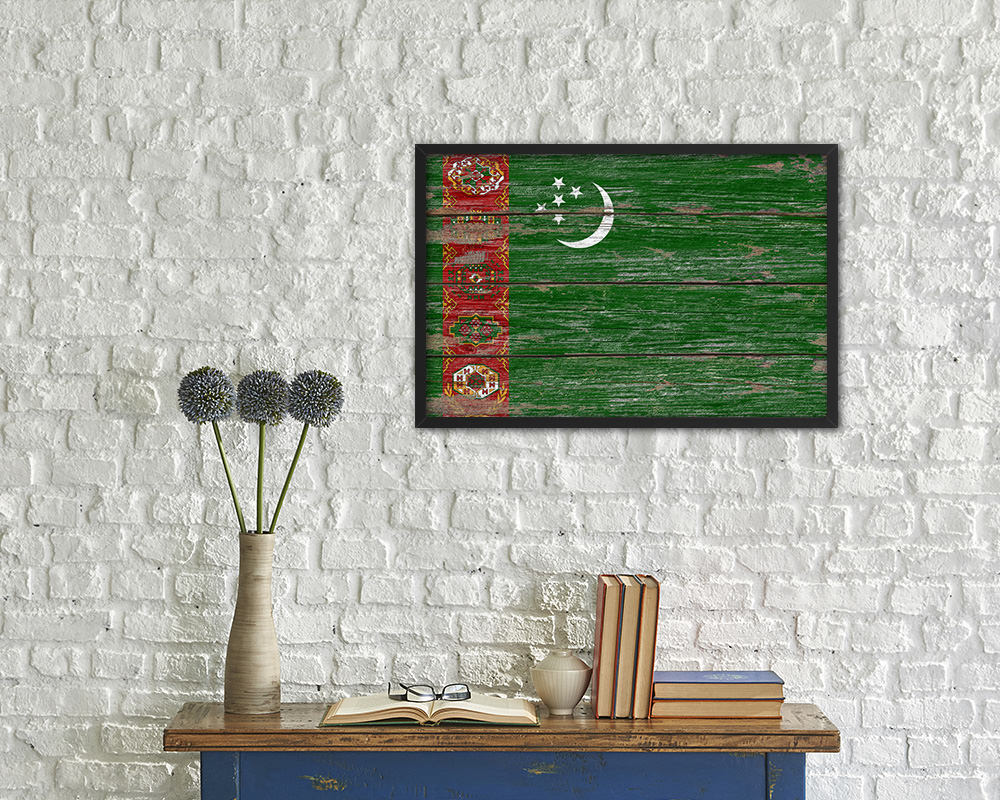 Turkmenistan Country Wood Rustic National Flag Wood Framed Print Wall Art Decor Gifts