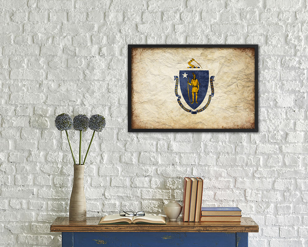 Massachusetts State Vintage Flag Wood Framed Paper Print Wall Art Decor Gifts