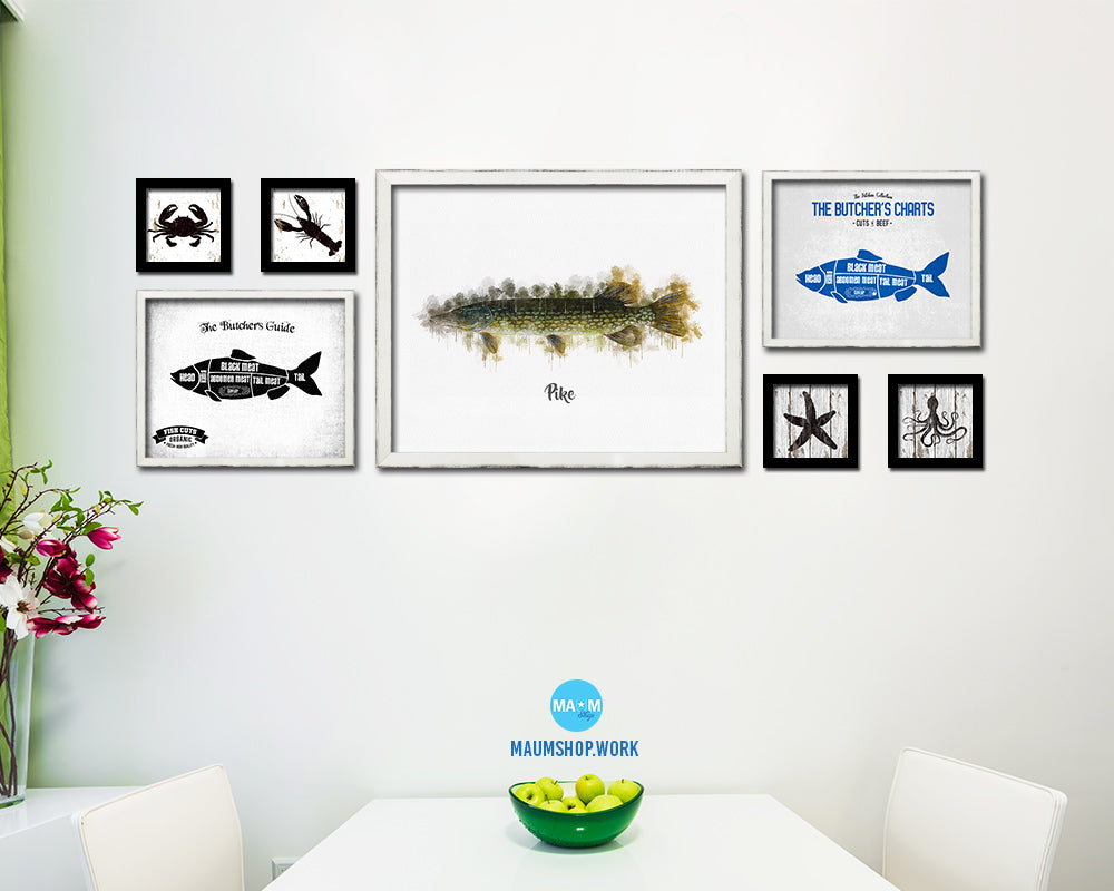 Pike Fish Framed Prints Modern Restaurant Sushi Bar Watercolor Wall Art Decor